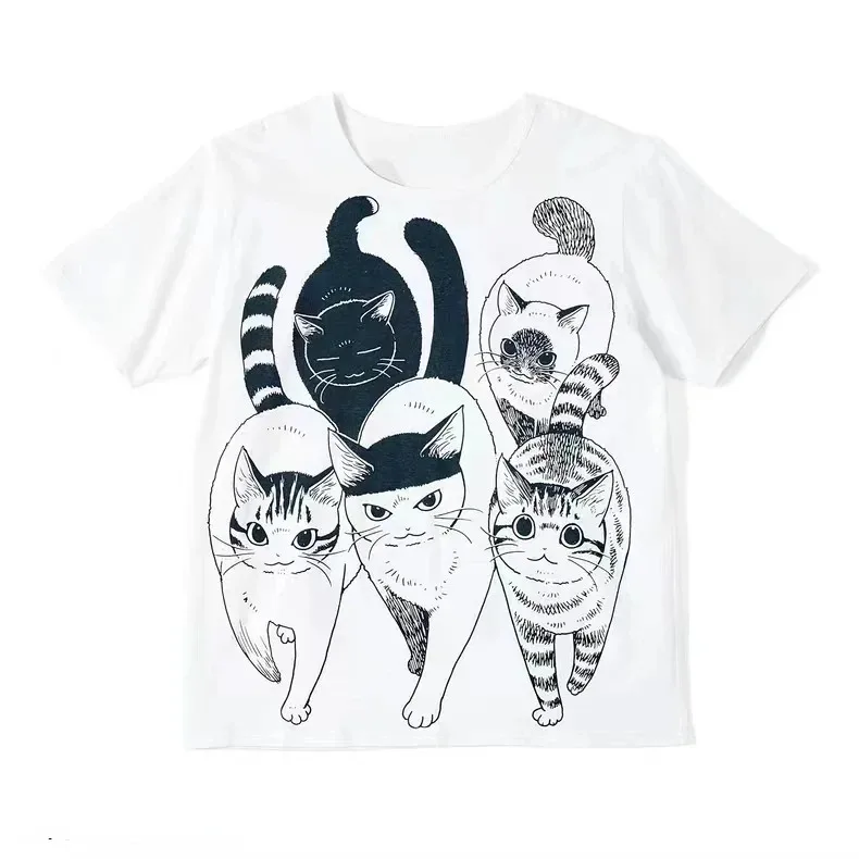 Retro Summer Hip Hop Harajuku Vintage Cat Print Oversized T Shirt Street Short Sleeve Casual Female T-shirts Y2k Punk Clothes