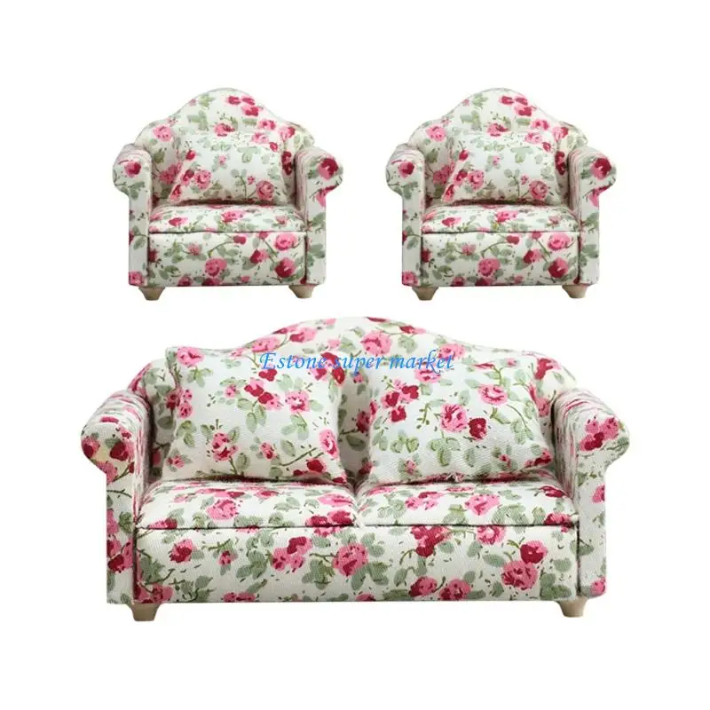 

090B 3 Piece Compatible Miniature Sofa Set Soft Cloth Dollhouses Furniture 1/12 Scale