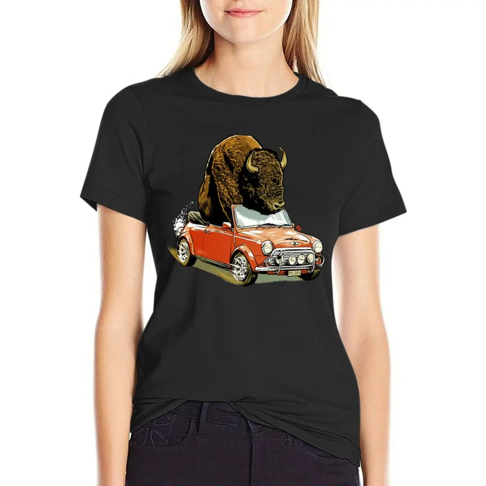 

Bison in a Mini. T-Shirt funnys Female clothing blacks graphics t-shirts for Women graphic tees