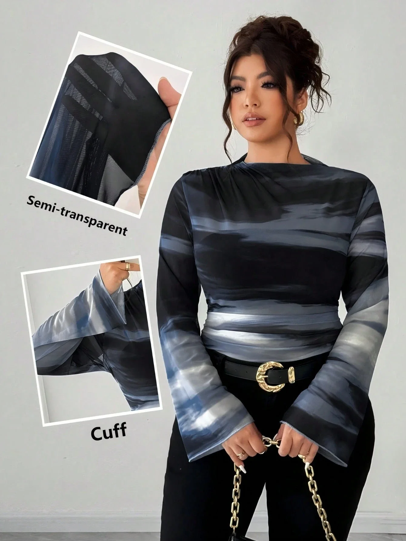 

Women Vintage Elegant Fitted Pleated Ombre Printed Mesh Stretch Long Sleeve Blouse Top