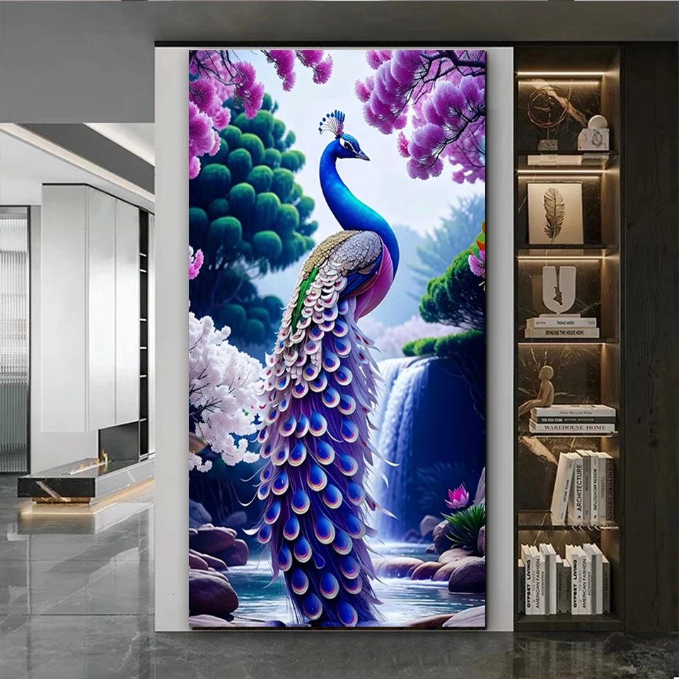 Large 5D Diy Diamond Embroidery Animal Purple Peacock Waterfall Scenery Full Square Round Drill Diamond Emroidery G50