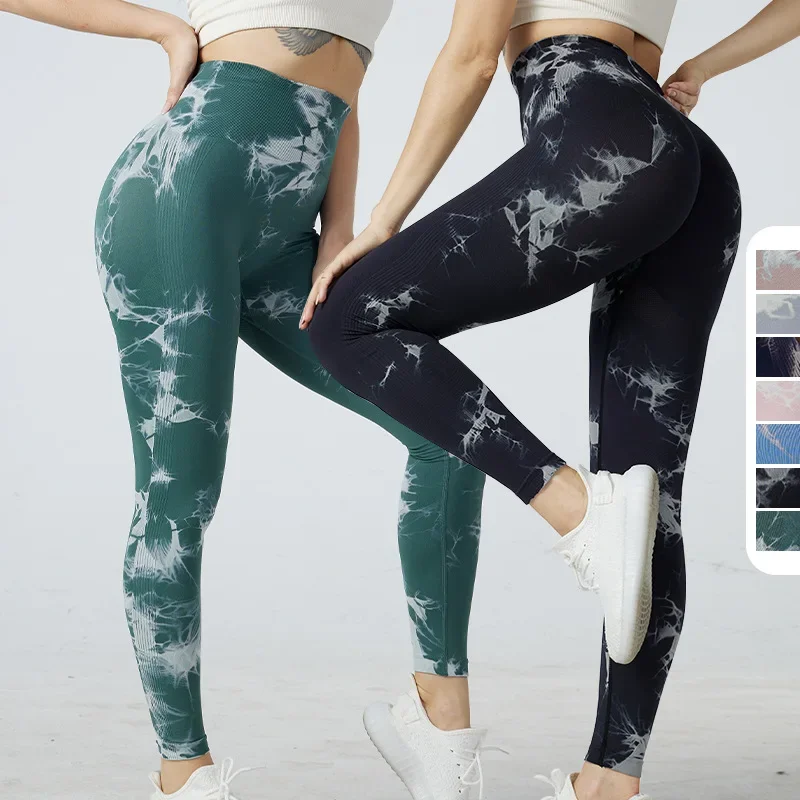 

Seamless Tie Bleach Peach Buttocks Yoga Pants High Waist Tummy Fitness Pants Women Tie Dye Running Sports Tight Pants