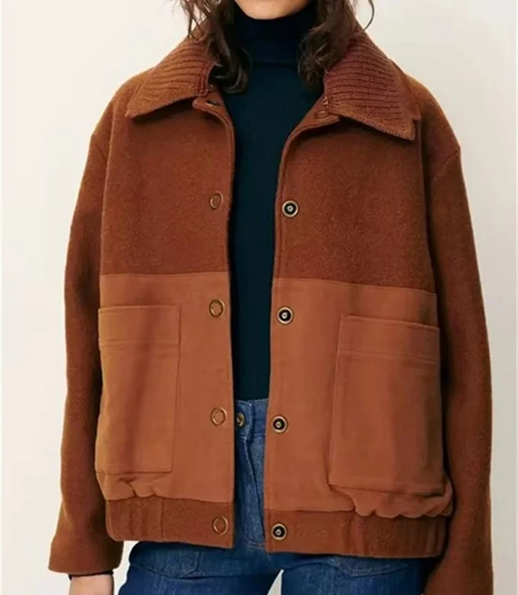 2025 Autumn Winter Women's Short Wool Blend Coat Double Layer Turn-down Collar Single Breasted Jacket