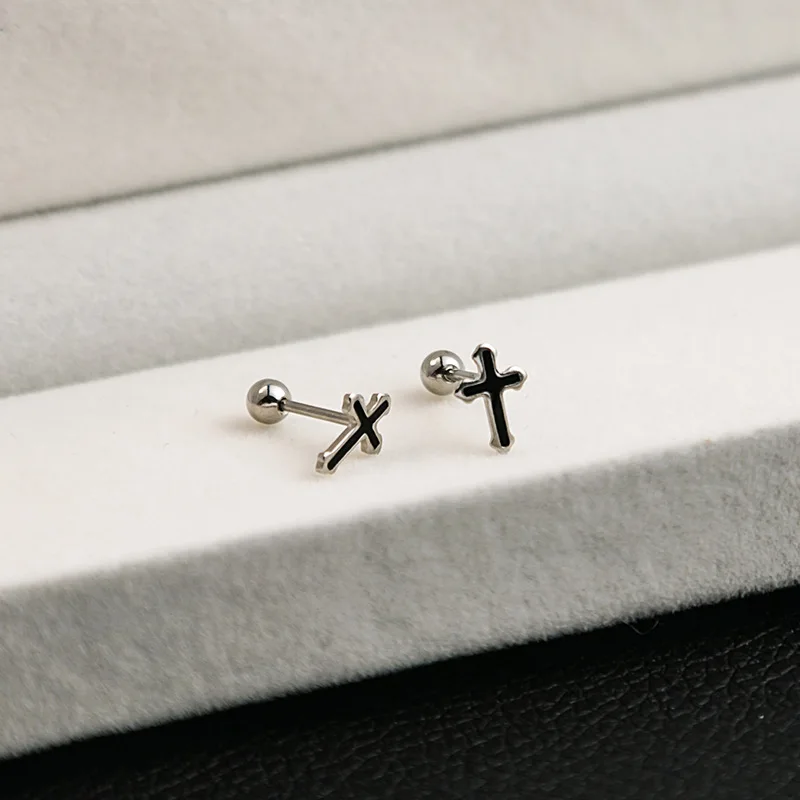 Black Drop Oil Stainless Steel Mini Stud Earrings for Women Girls Fashion Simple Cross Tai Chi Heart Butterfly Earring Jewelry