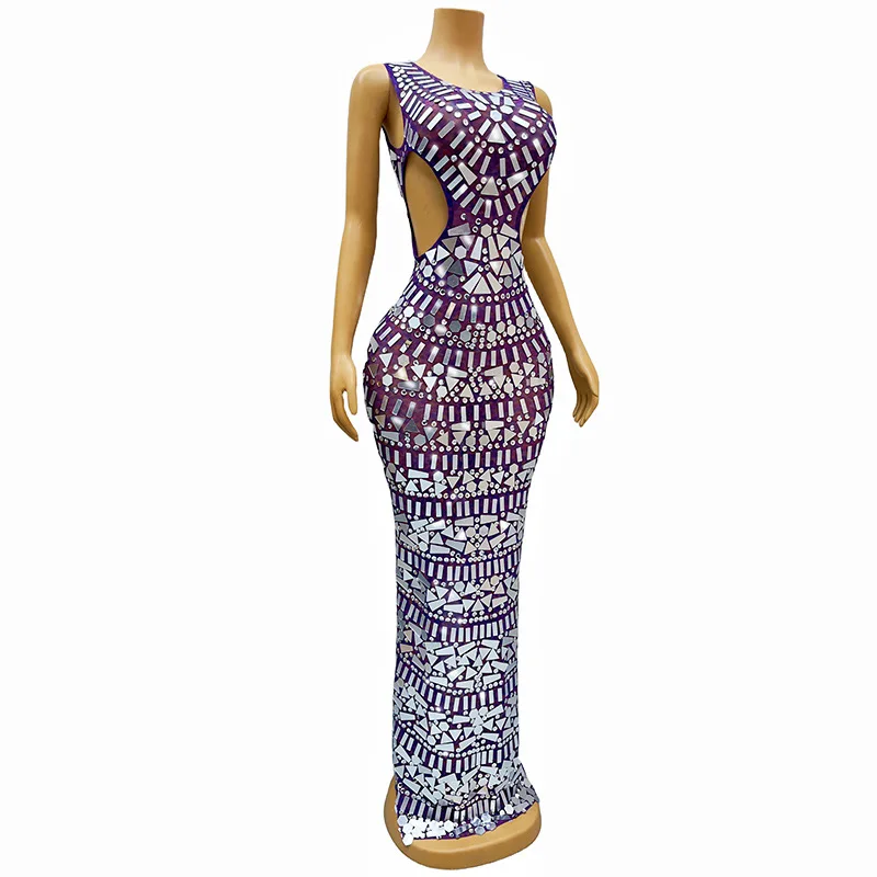 เพชรวันเกิดเสื้อผ้าสีม่วงเอวไนท์คลับบาร์เพชรชุดนักร้องรุ่น Catwalk จัดเลี้ยง Vestidos Para Mujer