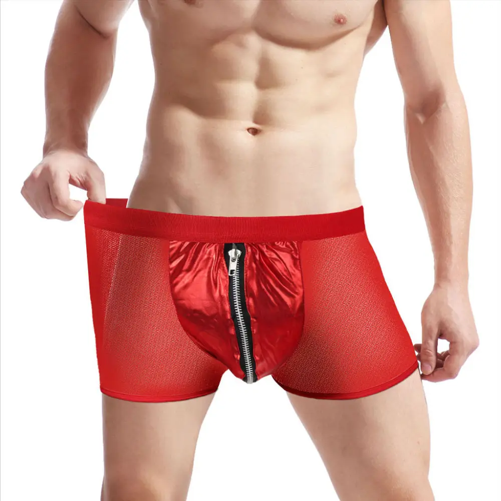 Mens Breathable Mesh Faux Leather Boxer Briefs Mid Waist Zipper Underwear Soft Spandex Shorts For Night Festival