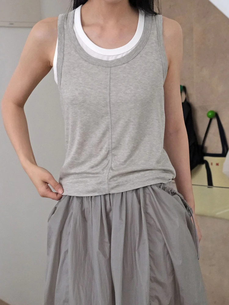 [EAM] Women Gray Double Layers Casual  Tank Tops New Round Neck Sleeveless Personality Fashion Tide Spring Summer 2024 1DH5432