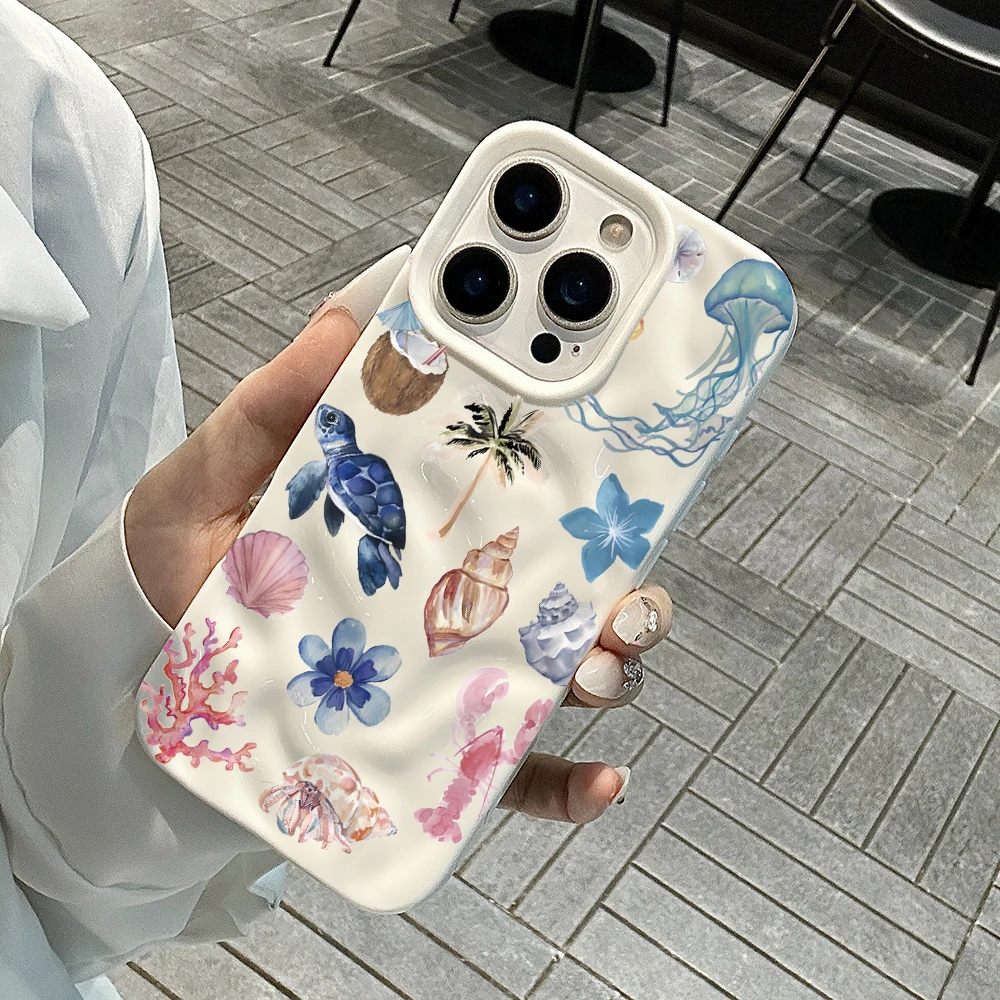 

Luxury Ocean Seashell Collage Phone Case For iPhone 17 16 15 14 13 12 11 Pro Max 14 Plus 17 Air Wrinkle Wave Soft Silicone Cover