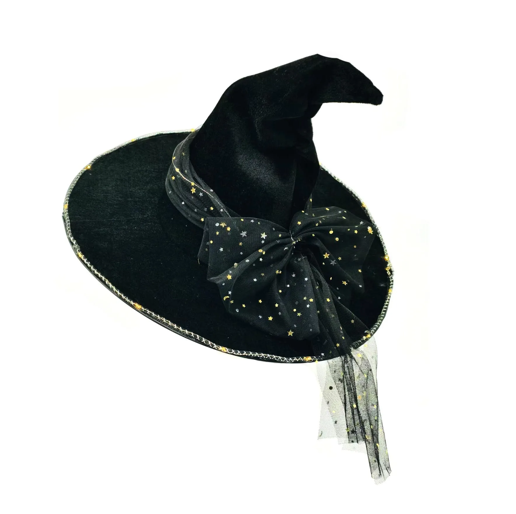 New Halloween Pleated Witch Hat Party Hat with Lights Black Velvet Witch Hat Makeup Prop