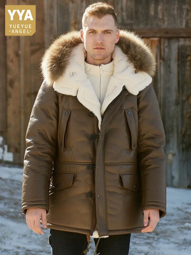 Winter Mens Windproof Loose Wool Cashmere Coat Retro Luxury Sheepskin Real Fur Male Hooded Raccoon Fur Collar Overcoat Outerwear
