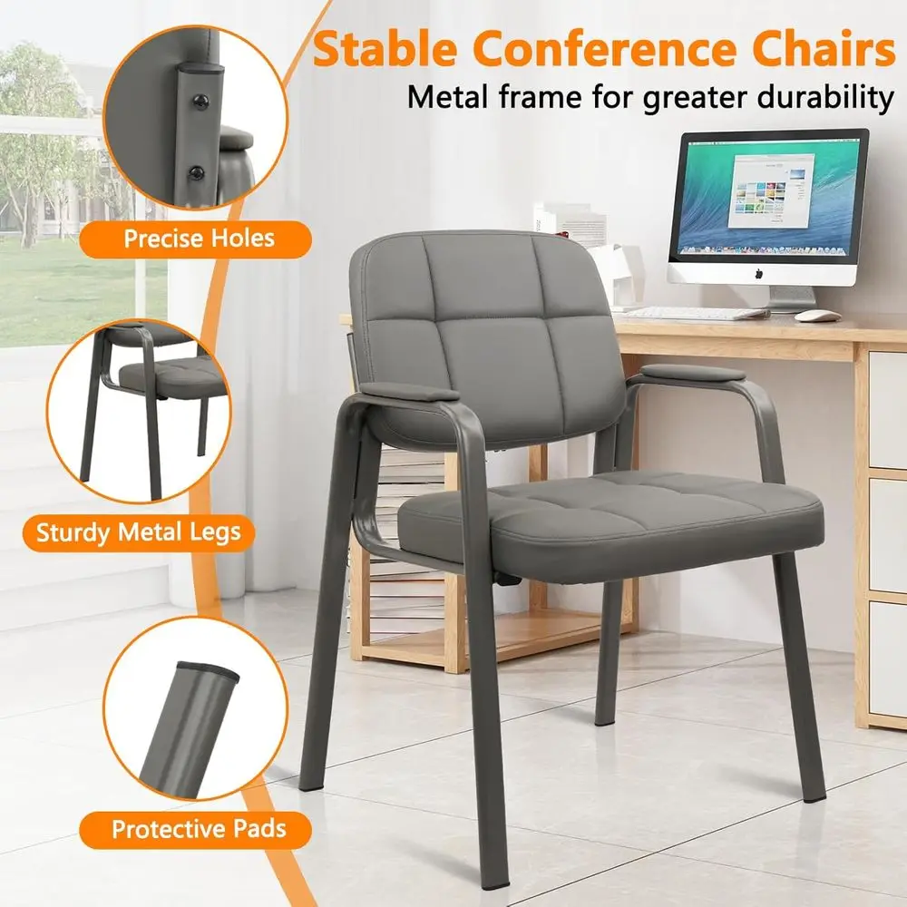 Par de sillas de sala de espera estacionarias de cuero gris con brazos acolchados para personas mayores y invitados, ideales para áreas de recepción de oficina