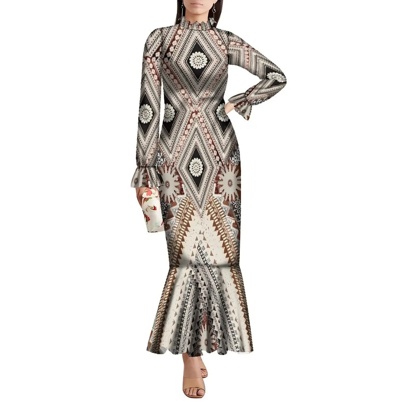 Traditionelles polynesisches Damen-Partykleid, individuelles Abendkleid, eleganter, langärmeliger Fischschwanzrock, plissierter Kragen