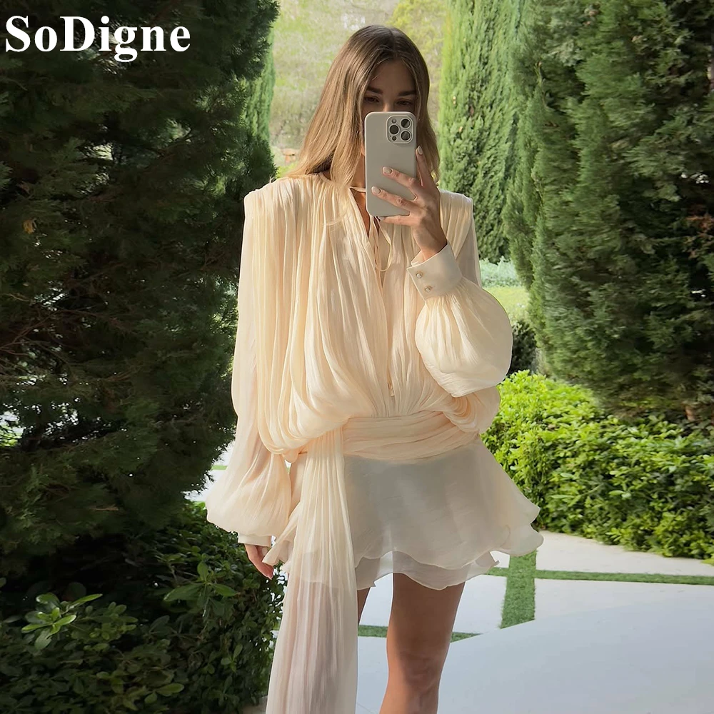 

SoDigne Elegant Beige Chiffon Short Prom Dresses A-Line V-Neck Draped Ribbon Party Mini Dress Charming Cocktail Gowns Customized