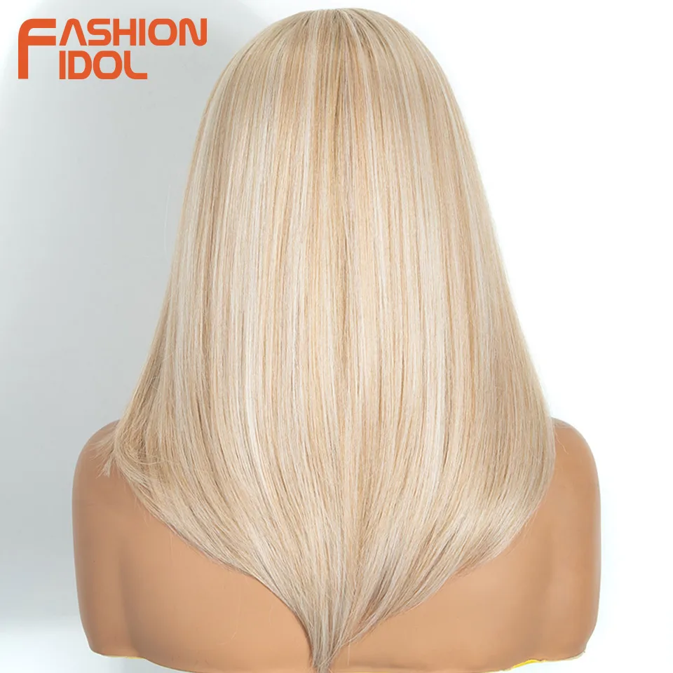 FASHION IDOL 18Inch 6*4 Lace Front Wig Synthetic Platinum Blonde Straight Natural Hairline Heat Resistant Glueless Wig For Women