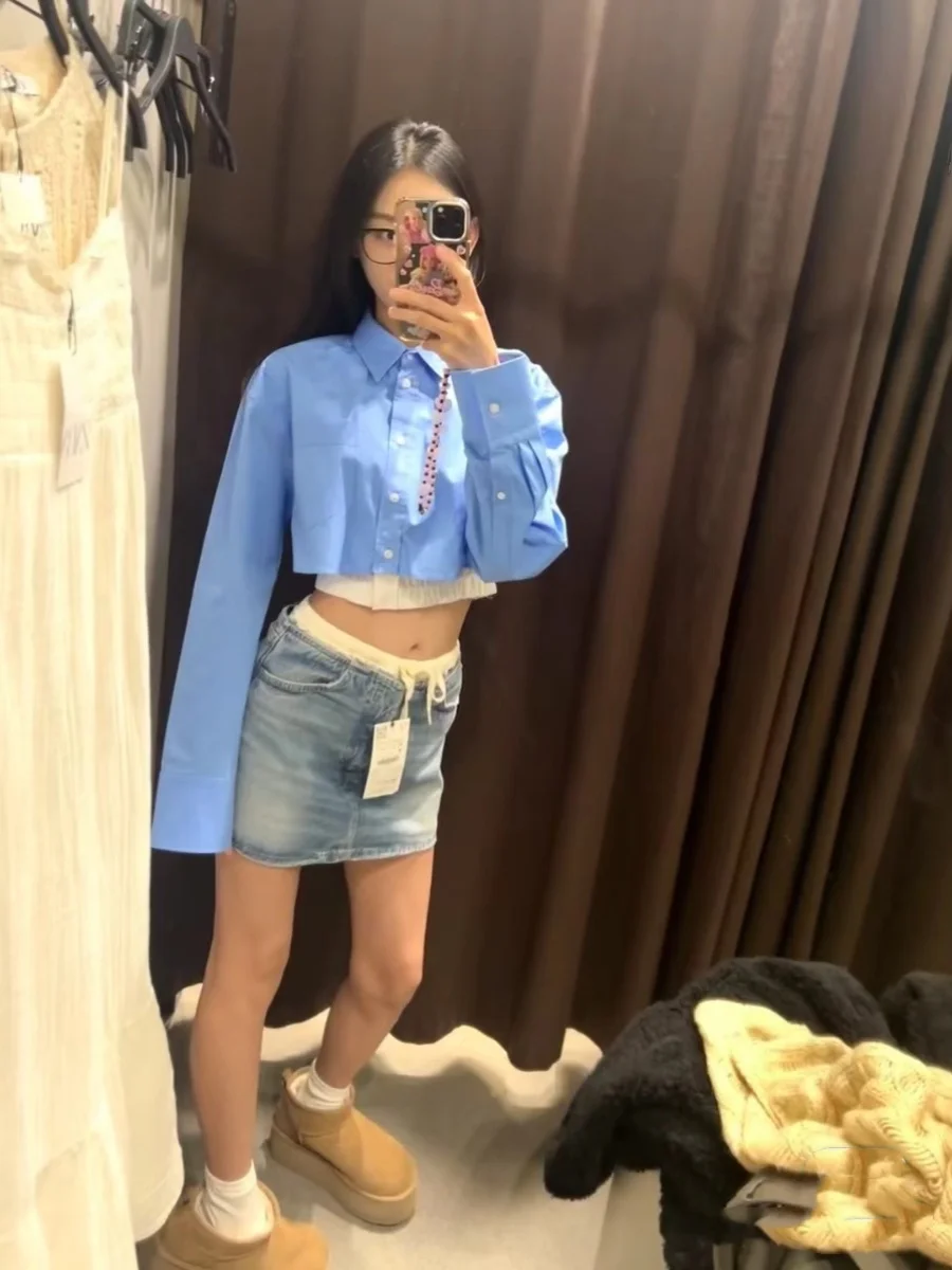 Taille haute élastique Plaid ceinturé ort Denim jupe printemps été nouveauté femmes Faion a-ligne coton couleur