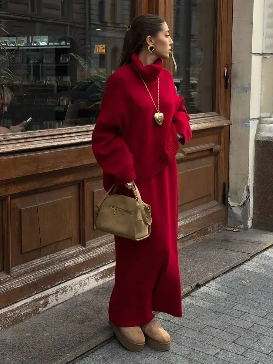 

Wolfeel Women's Knitted Turtleneck Sweater Skirt 2- Piece Set Autumn Winter Loose Solid Color Knit Outfit Casual Warm Suit