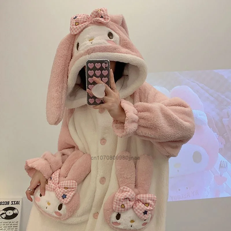 Sanrio My Melody Winter New Fashion Pajamas Y2k Clothes Thicked Hooded Warm Cute Home Pajama Sets Women Cartoon Plush Sleepwear