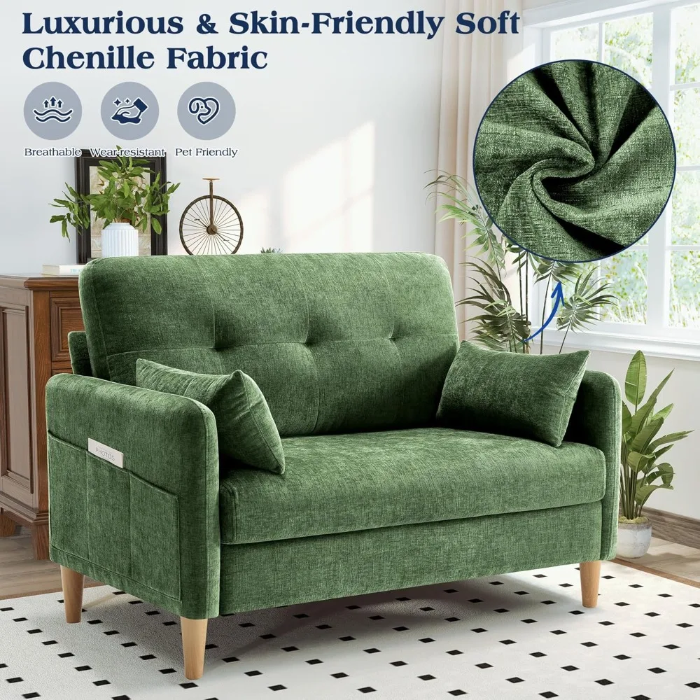 أريكة Loveseat، أريكة صغيرة مقاس 47 بوصة لغرفة المعيشة، مقعد مريح من قماش الشنيل لغرفة النوم مع وسادة رمي