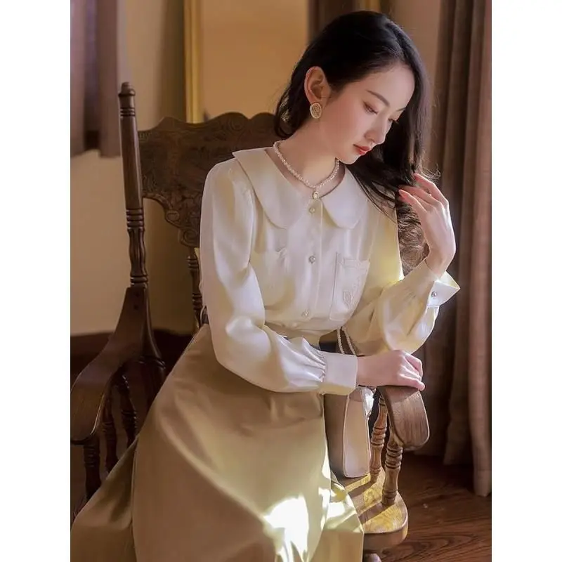

Spring Women Office Two Piece Set Casual Stain Shirts Blouses and Midi Long Skirt Female Sweet Korean Skirts Suit Sets Q105