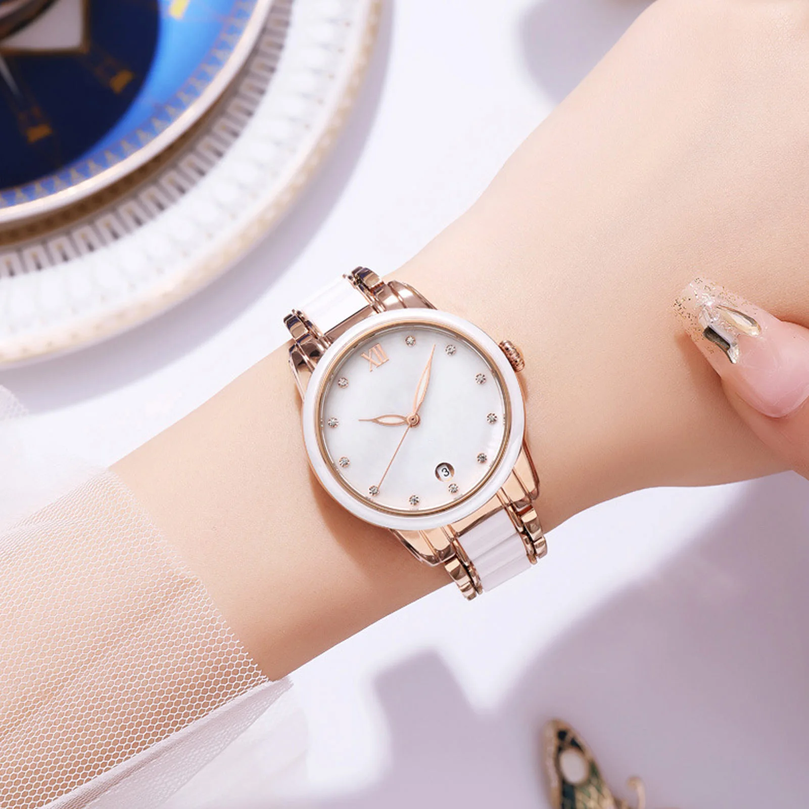 Women Quartz Watch Rhinestone Decoration Ceramic Stainless Steel Band Water Resistant Wrist Watch with Date Rose Gold