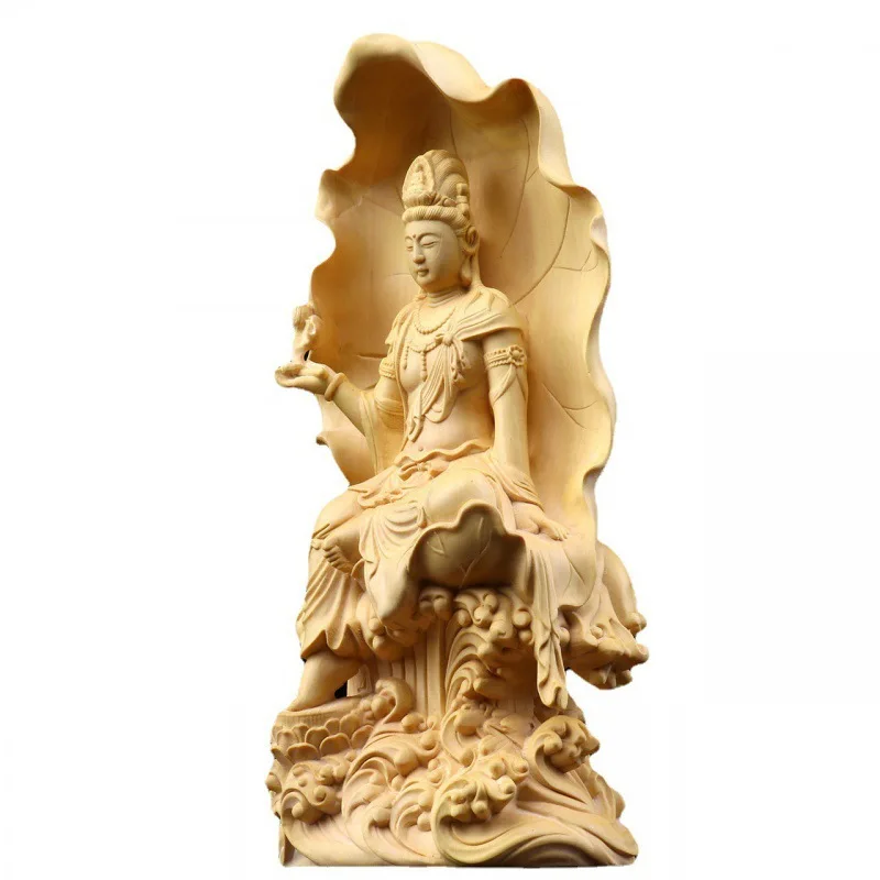Hand Carved Wooden Sitting Avalokiteshvara Guan Yin Bodhisattva Statue - Figurine Ornament Lotus Base Home Altar Temple Decor view 5