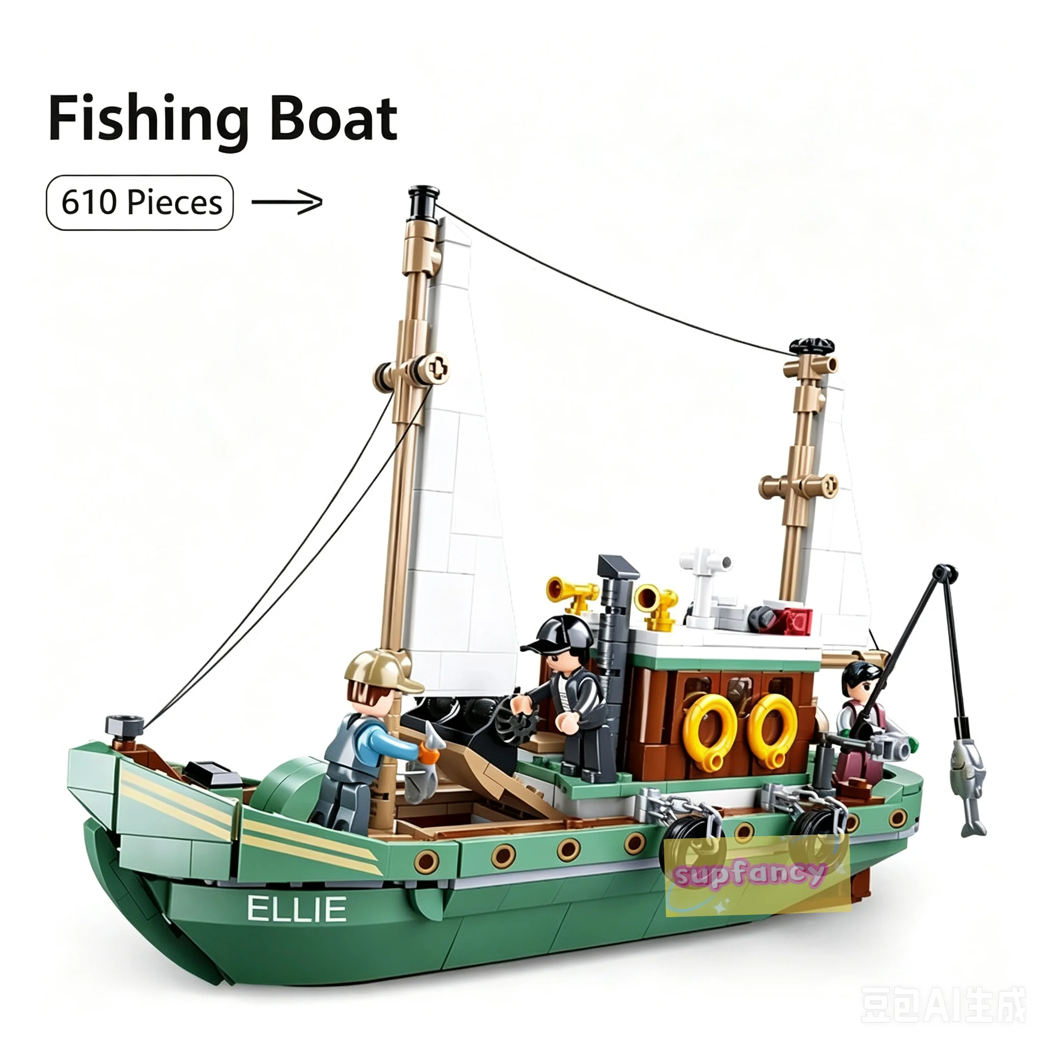 City Fishing Boat Vessel Trawlboat Model Building Blocks Set Pirate Ship Sea Fisher White Shark Figures MOC Toys With Stickers