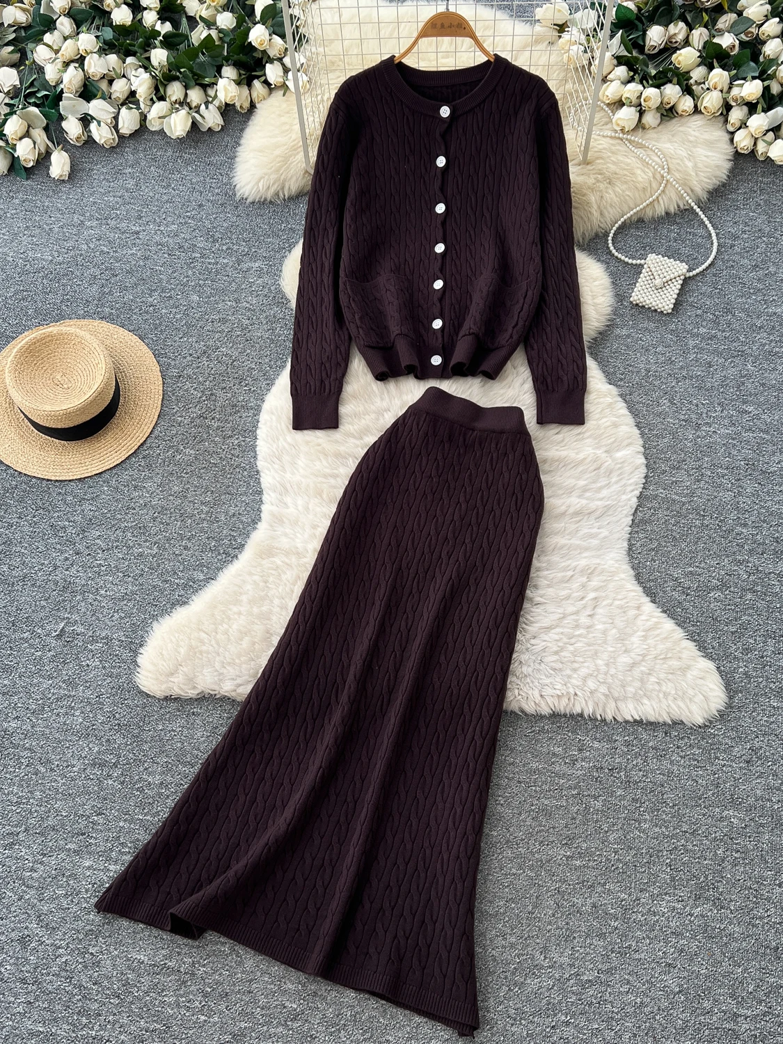 Elegant Knitted Set Women's High Waist Midi Skirt Long Sleeve Top Commute Style Two-Piece Suit Autumn Collection