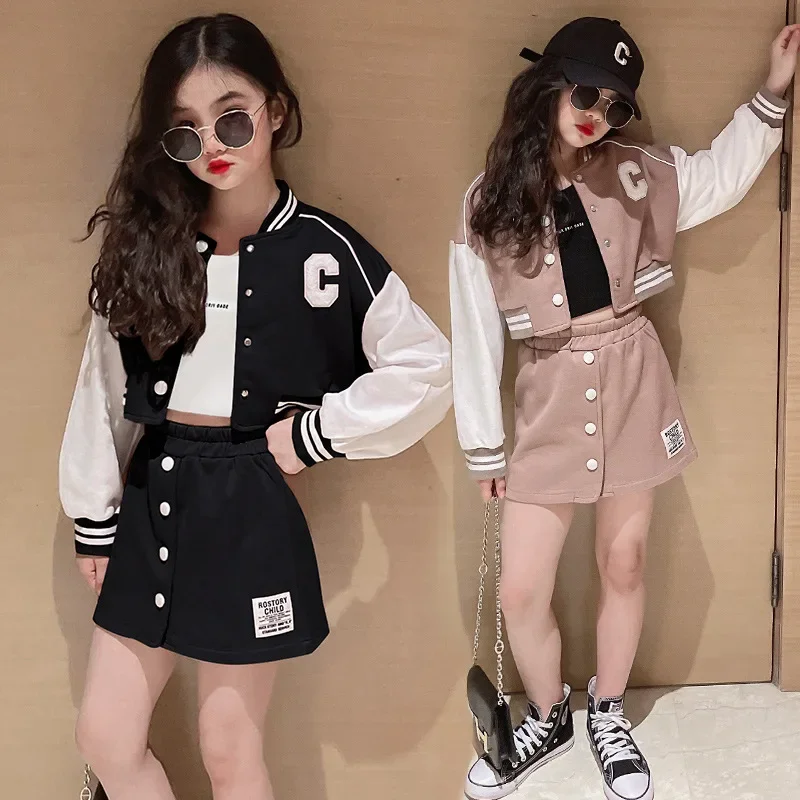 

Kids Costume Teen Girls Clothing Set 2024 Autumn Casual Jackets Skirt School Tracksuit Children's Baseball Outfits 10 12 Years