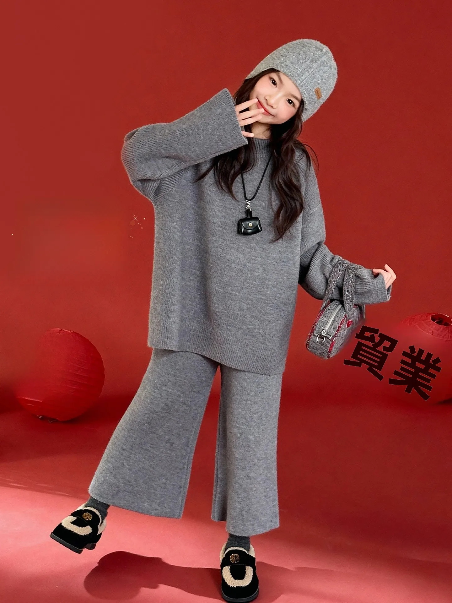 girls-knitted-sweater-set-winter-faionable-children's-clothing-korean-sle-high-end-feeling-casual-two-piece-warmth-bearing