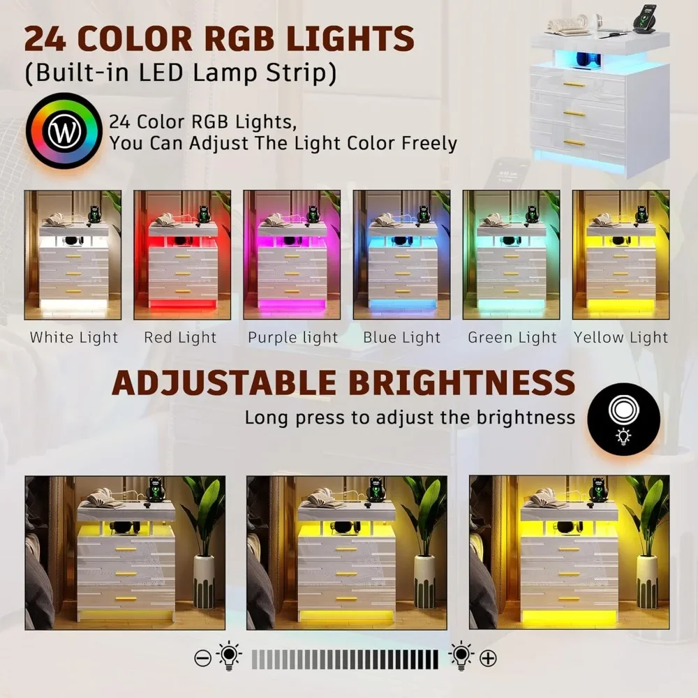 LED Nightstand with Wireless Charging Station & USB Ports, Modern Night Stand with 24 Color Lights, High-Gloss with 3 Drawers