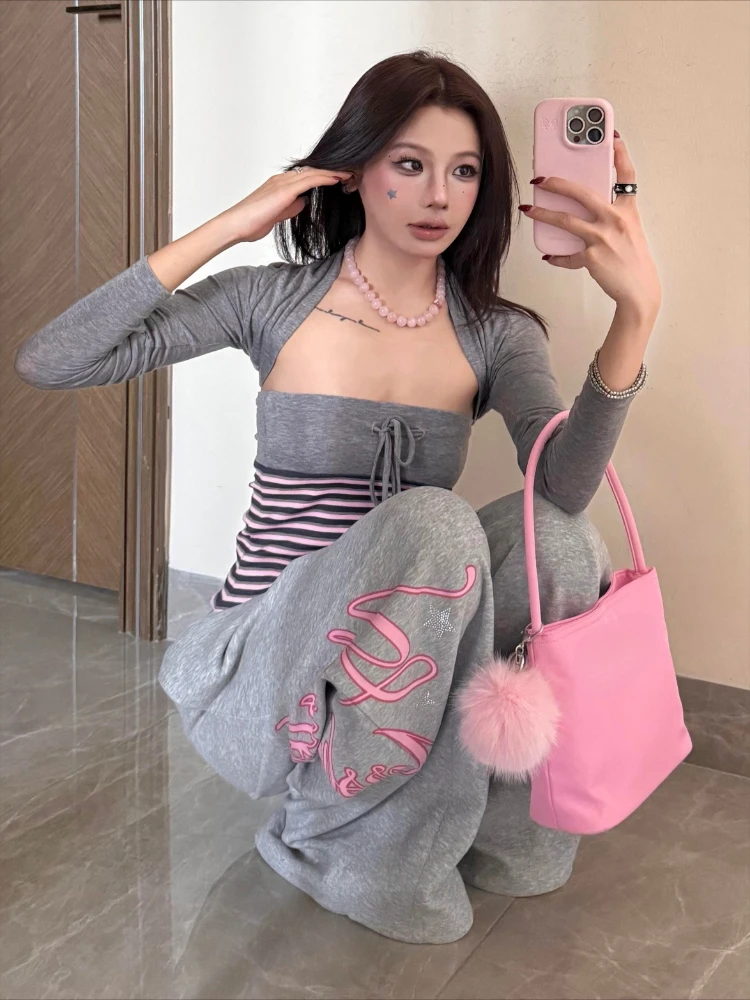 Streetwear Two Piece Sets Y2k Aesthetic Crop Grunge Cardigan + Vintage Stripe Patchwork Drawstring Strapless Vest Fairy Outfit