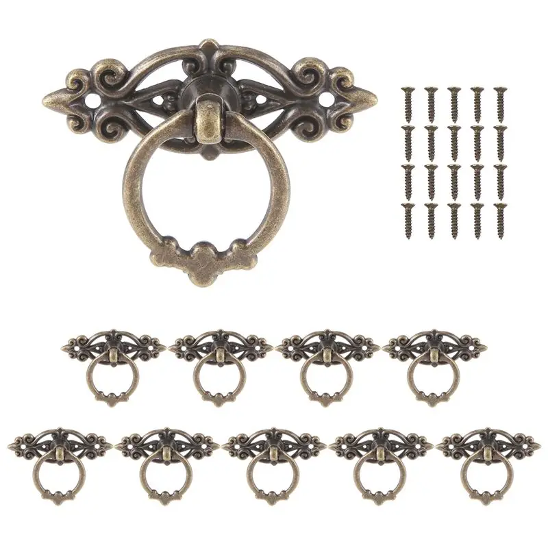 Exquisite-10Pcs Vintage Kitchen Cabinet Cupboard Dresser Door Drawer Ring Pull Handles Knobs (Antique Brass)