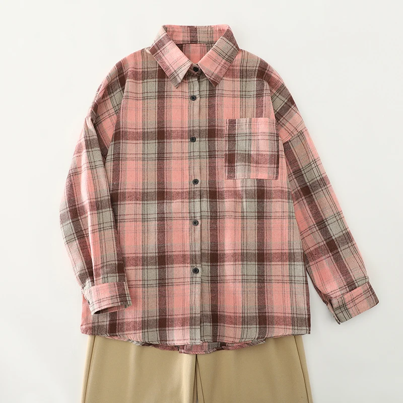 ربيع الخريف المرأة طويلة Sve irt هونغ كونغ Sle ملابس خارجية واحدة زرر منقوشة القطن الكتان مزيج ملابس غير رسمية للتنقل