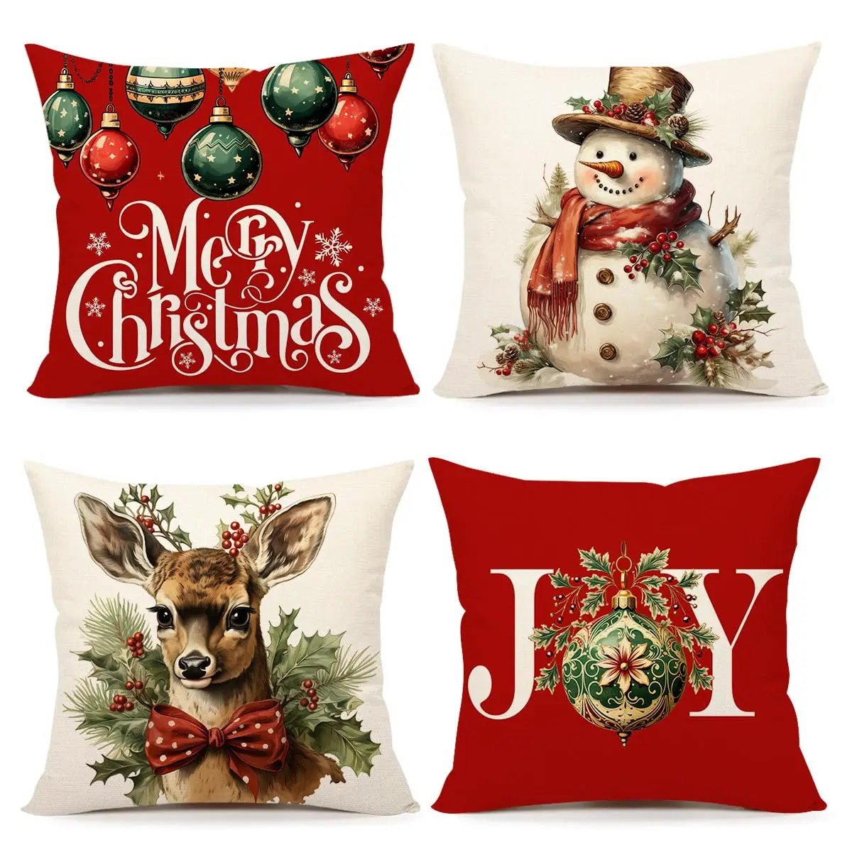 Christmas Pillow Covers Set of 4 Red White Farmhouse Xmas Snowman Deer Joy Winter Holiday Decor Throw Cushion Case for Couch