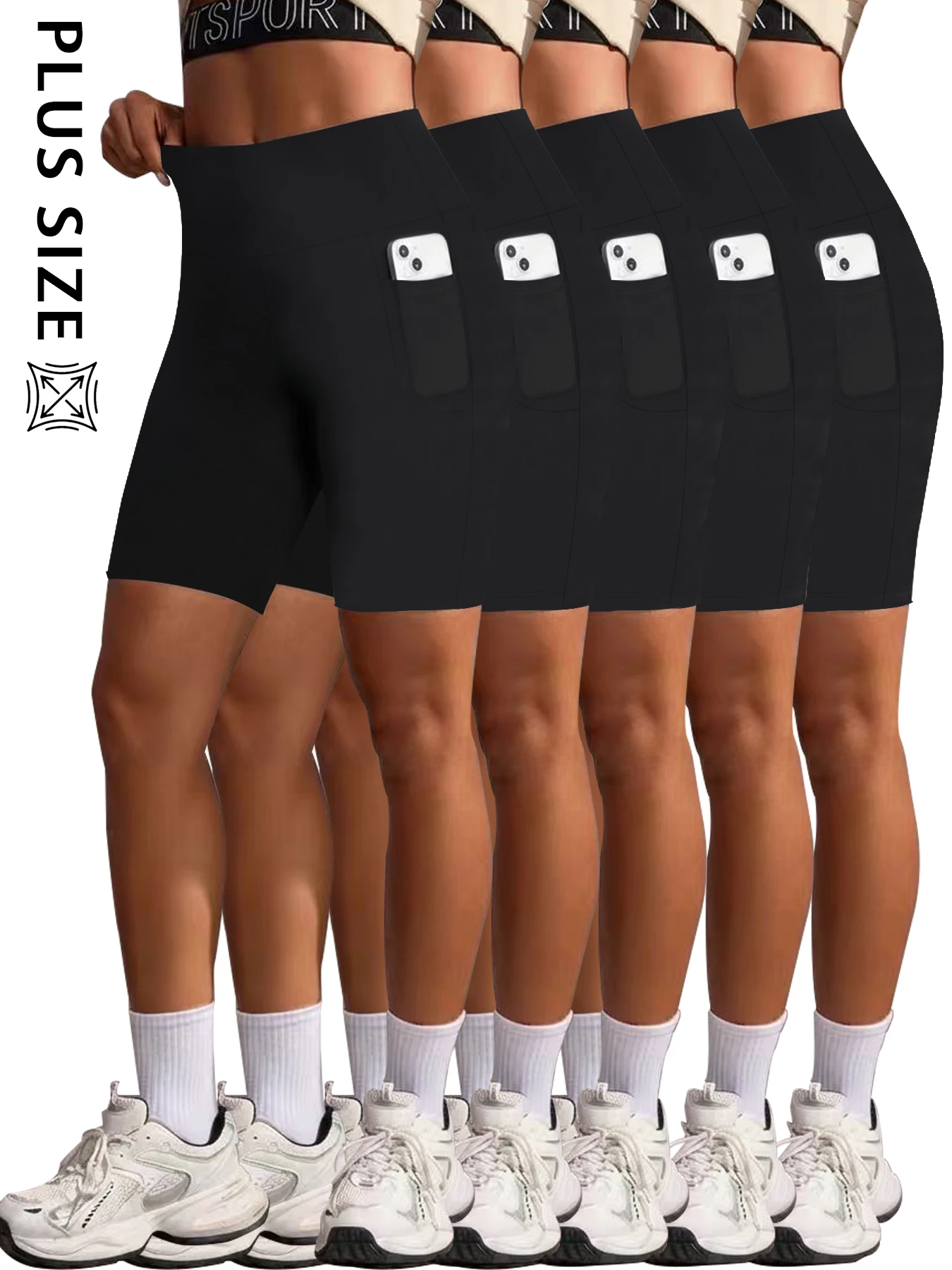 

Набор из 5 штук: супермягкие шорты для йоги больших размеров для женщин, с высокой талией, карманами, эффектом коррекции живота, не просвечивают.