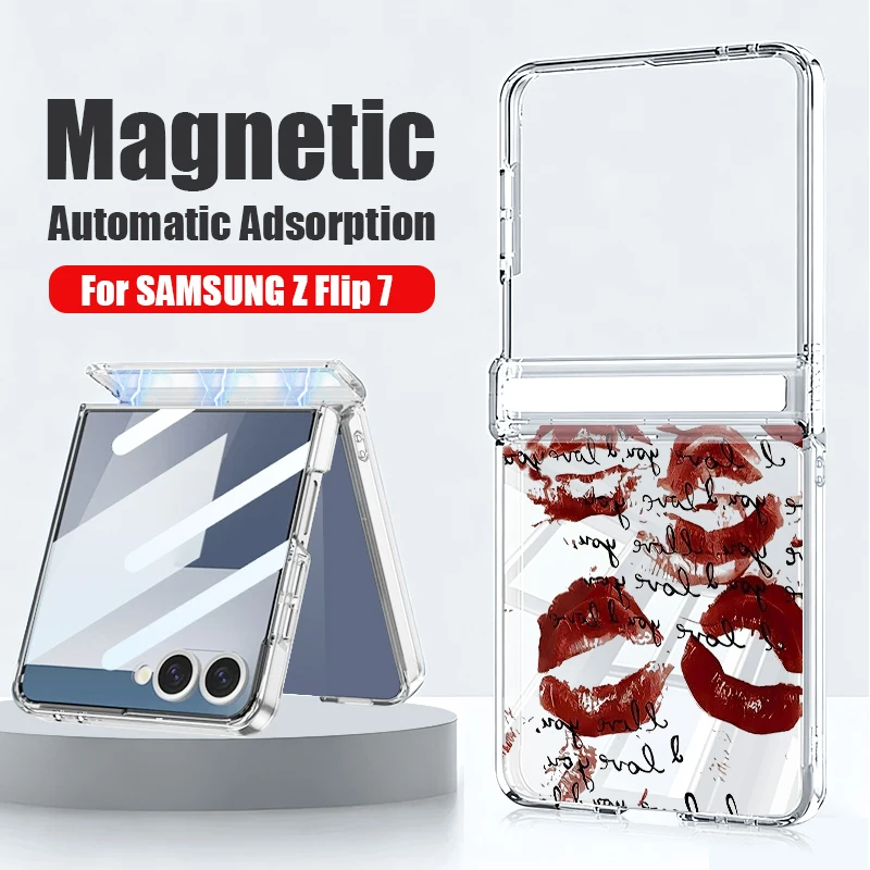 Magnetic Auto Adsorption Phone Case For Samsung Galaxy Z Flip 8 7 FE 6 5 Flip8 Flip7 5G Red Lip Print Clear Hard PC Cover
