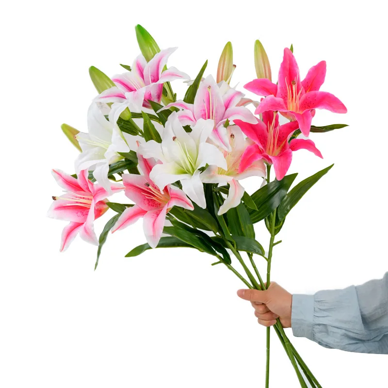 1PC High-End 3-Head Lily Simulation Flower Silk Flower Home Decoration Placement Photography Photography Props Fake Flowers