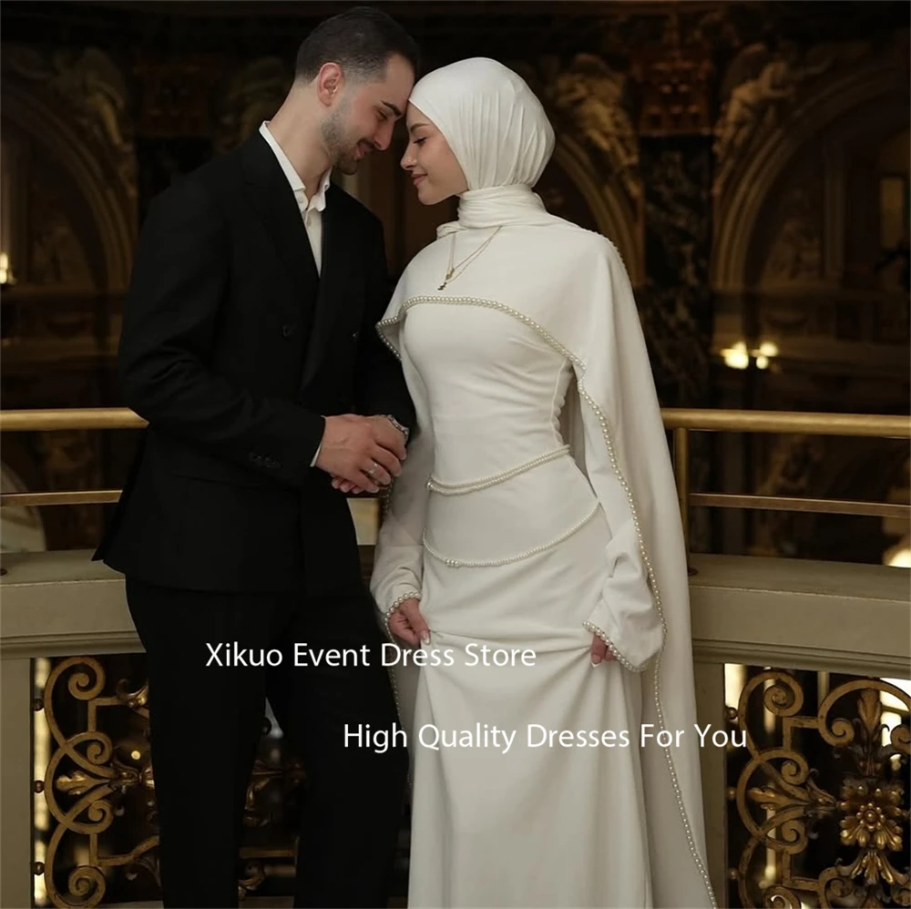 Xikuo Modest Pearl Detailed Wedding Dress Straight Long Vestidos De Novia Long Sleeves Elegant Bridal Gowns For Girl Customized