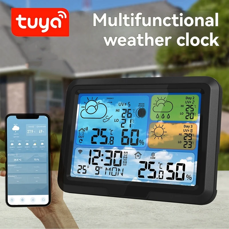 TUYA Weather Clock Indoor Outdoor Temperature & Humidity Detector Multi-Function Weather Station WIFI EU Plug