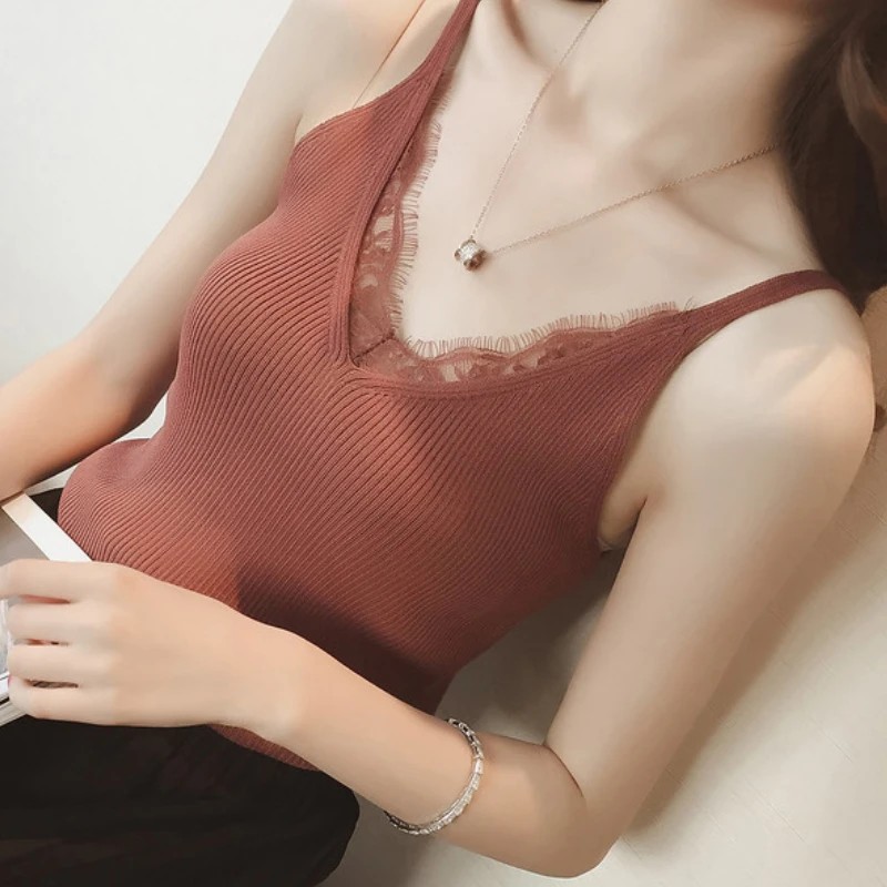 

Tanks Tops Women Lace V-neck Solid Knitted Leisure Sexy Camisoles Womens Basic Camis All-match Students Slim Korean Style Trendy