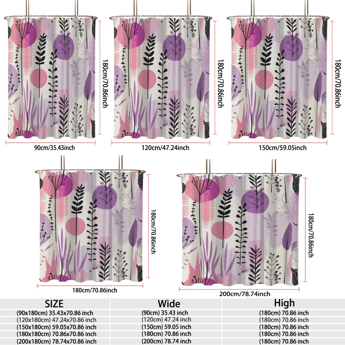 Modern Abstract Botanical Shower Curtain Polyester Digital Printing Artistic Composition of Purple‑pink Circles, Black Sketch