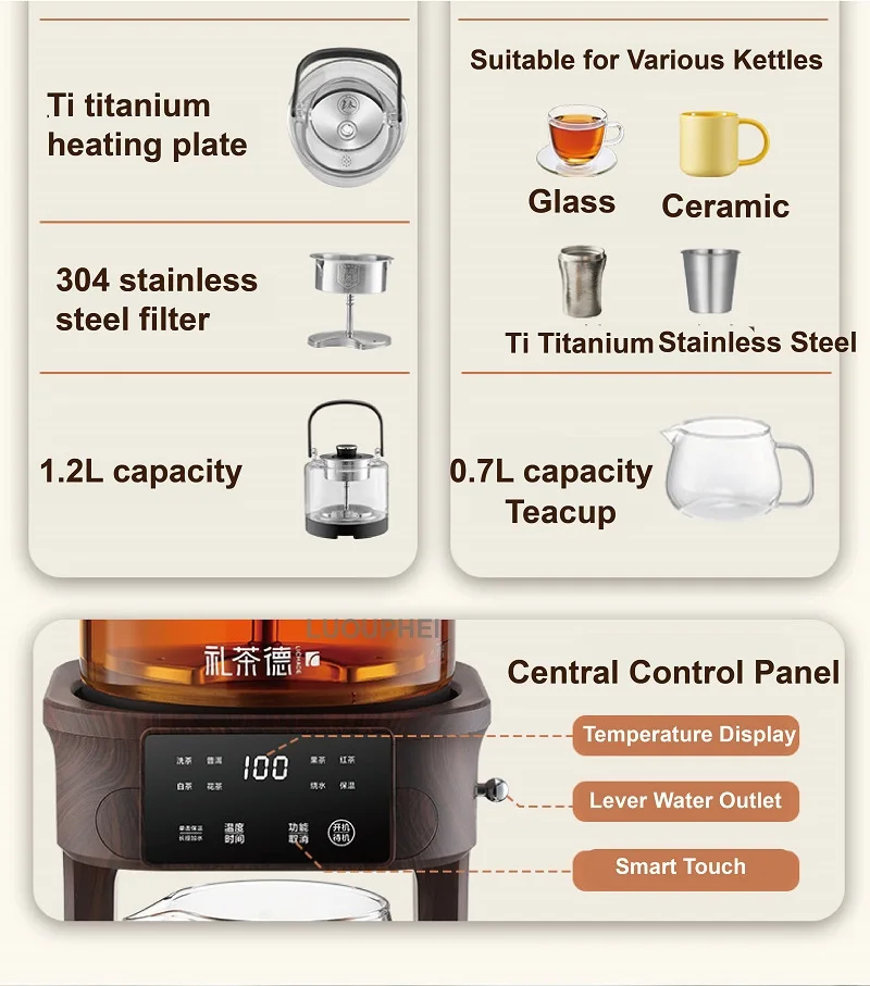 1350W Electric Tea Bar Machine Office Pure Titanium Steam Tea Kettle 1L Keep Warm Floral Teapot Auto Water Supply ElectricKettle view 3