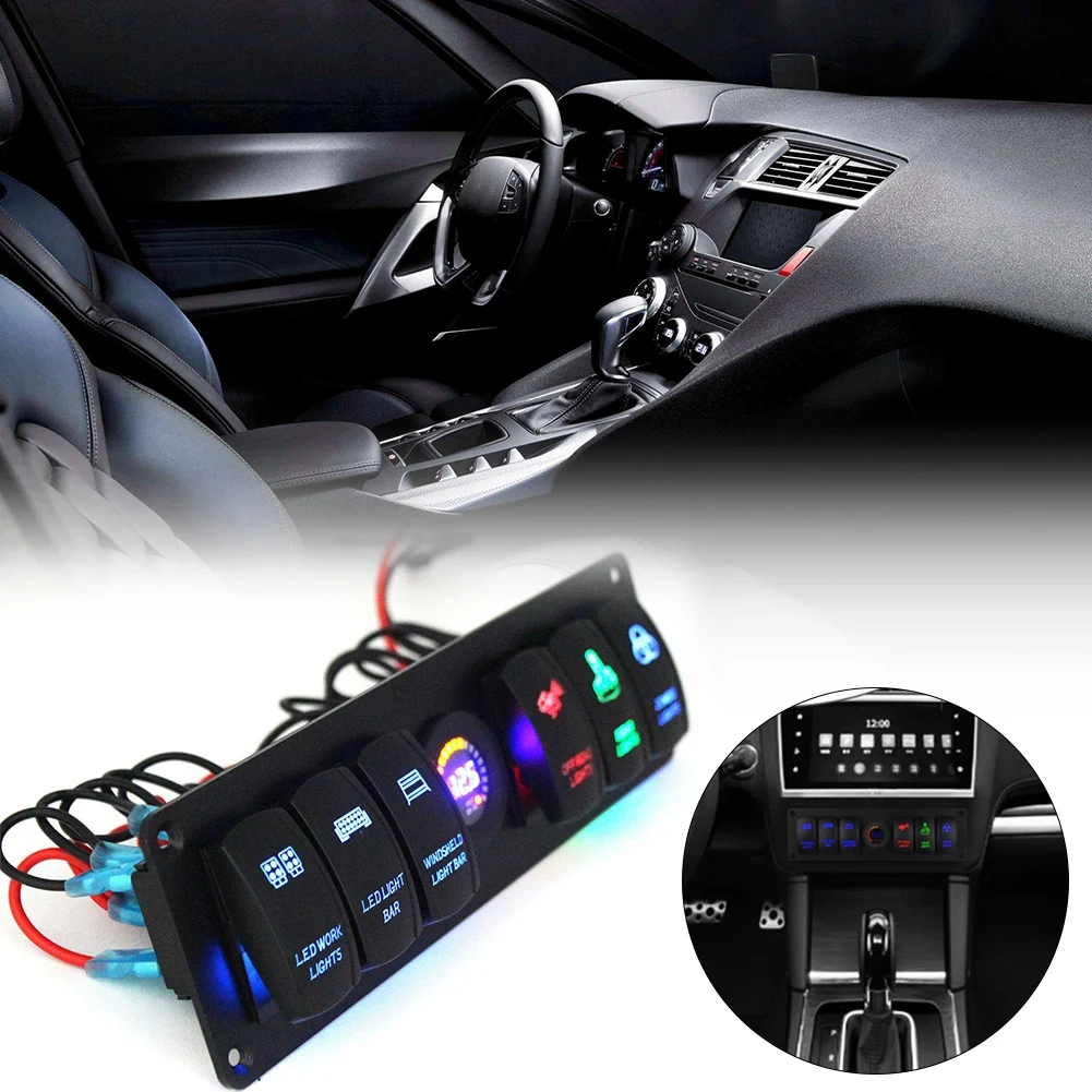 6 Gang Switch Panel LED Voltmeter Switch Panel 6 Gang Toggle Rocker Switch Panel Colorful LED Voltmeter for RV Car Marine Boat