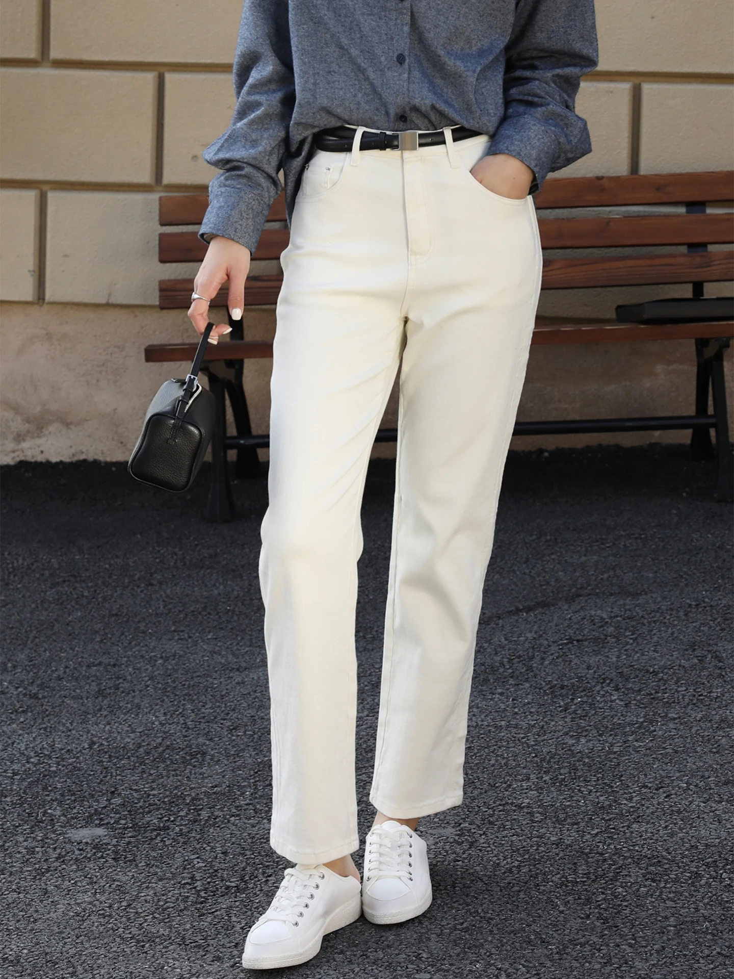 

Slim Fit Straight Leg Casual Jeans Women's White Retro mat Spring New Sle Comfortable Wear Resistant High Waist Cotton