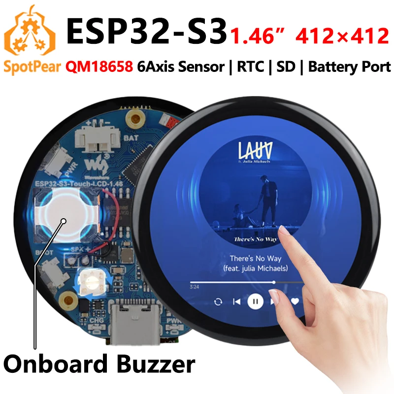 ESP32 S3 Development Board 1.46 inch Round LCD 1.46inch Display 412x412 QMI8658 Sensor / MIC / SD /MP3  Audio /Battery Port LVGL