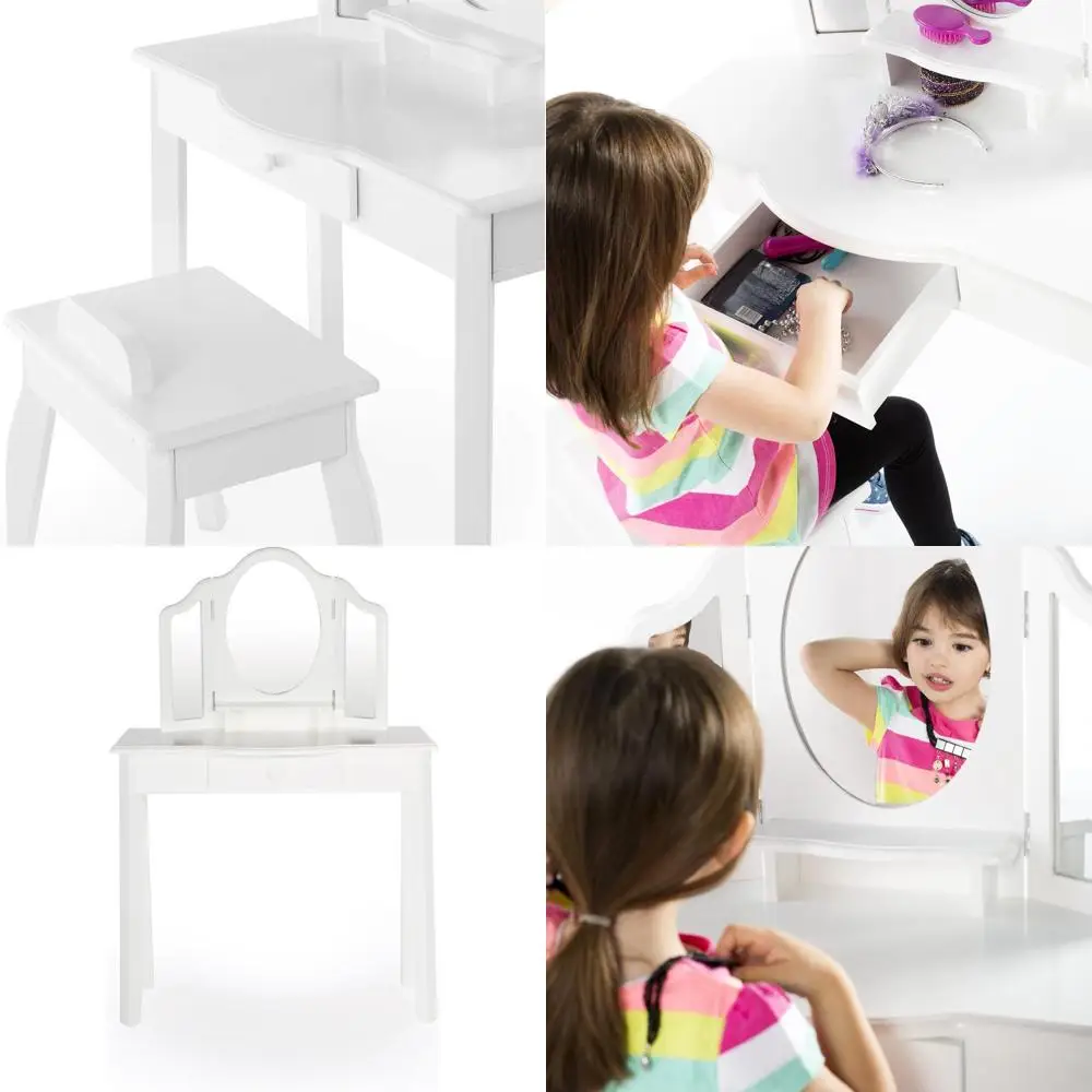 

Classic White Kids' Wooden Vanity Set with Mirror, Storage Seat, and Makeup Drawer