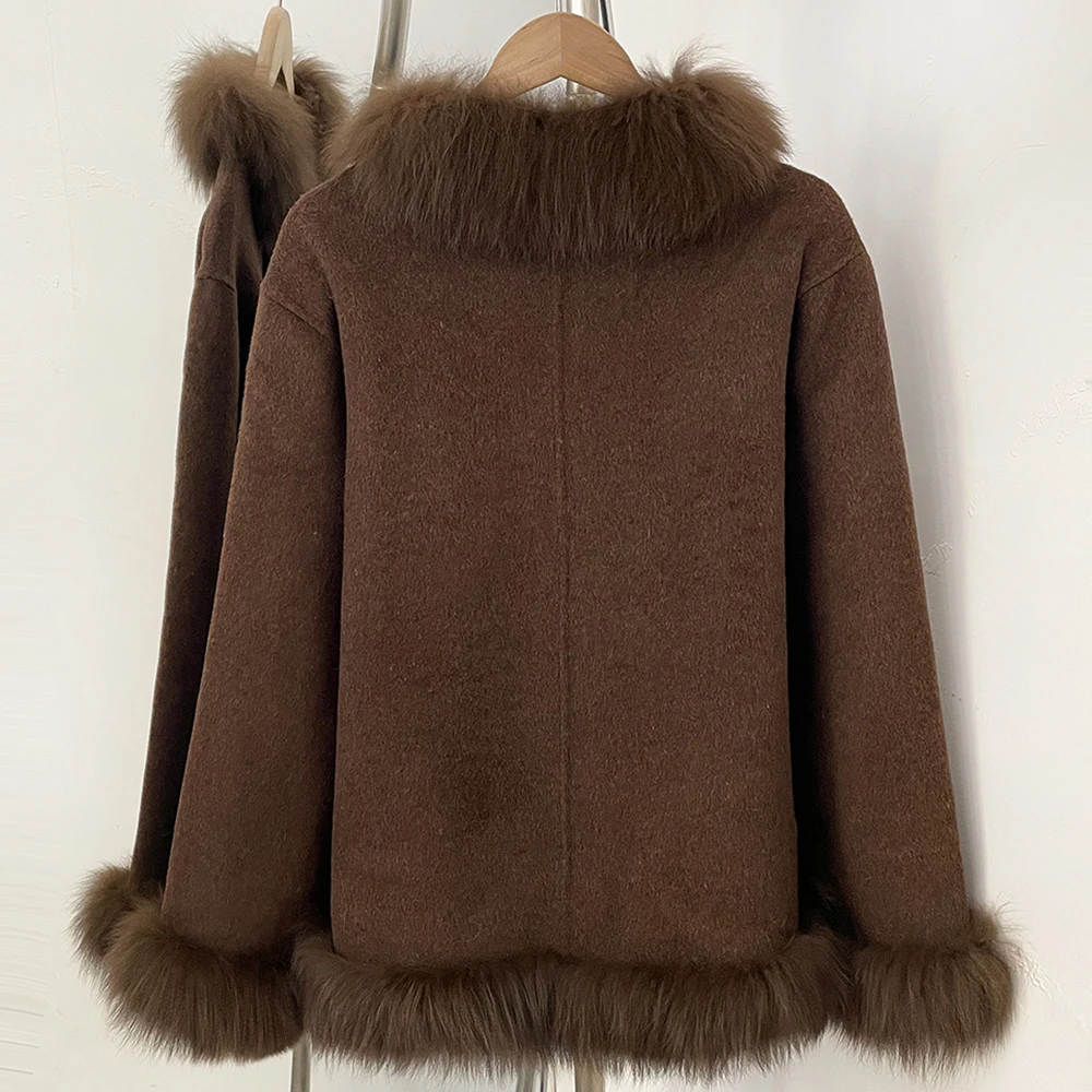 Women Medium Short 100% Pure Wool Coat Full Real Fox Fur Trim Collar Pockets Hem Woolen Jacket Winter Wool Outerwear Commuting