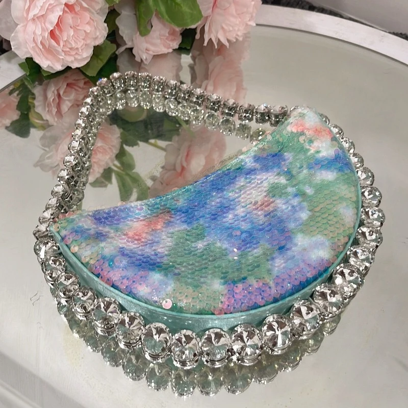 Shiny Blingbling Evening Bags for Women Luxury Sequins Diamond Semi-circular Hobo Bag Fashion Diamond Beads Top-handle Bags