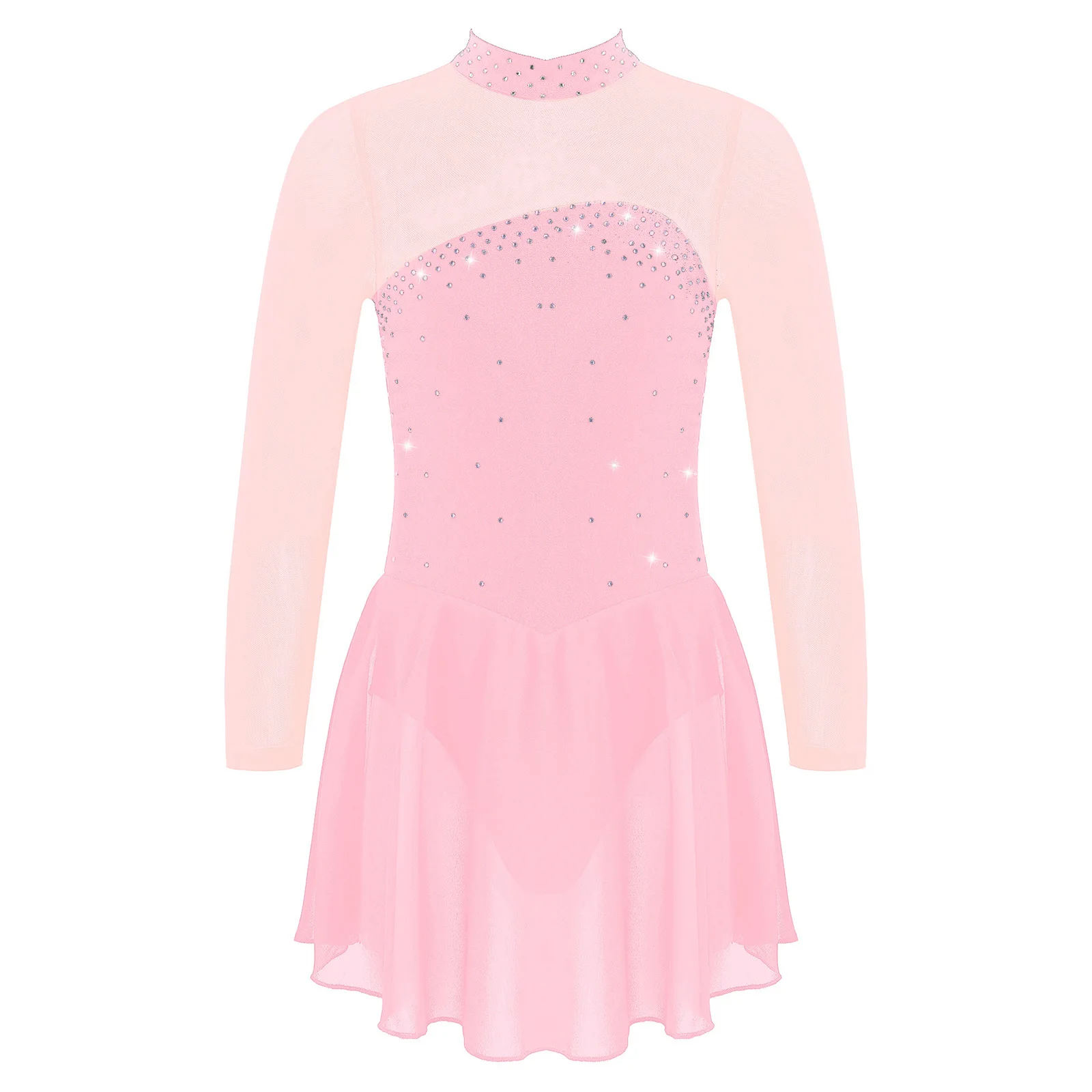 Child Girls Rhinestone Long Sleeves Tulle Splice Figure Ice Skating Dress Gymnastic Ballet Leotard Dress Ballroom Dance Clothing