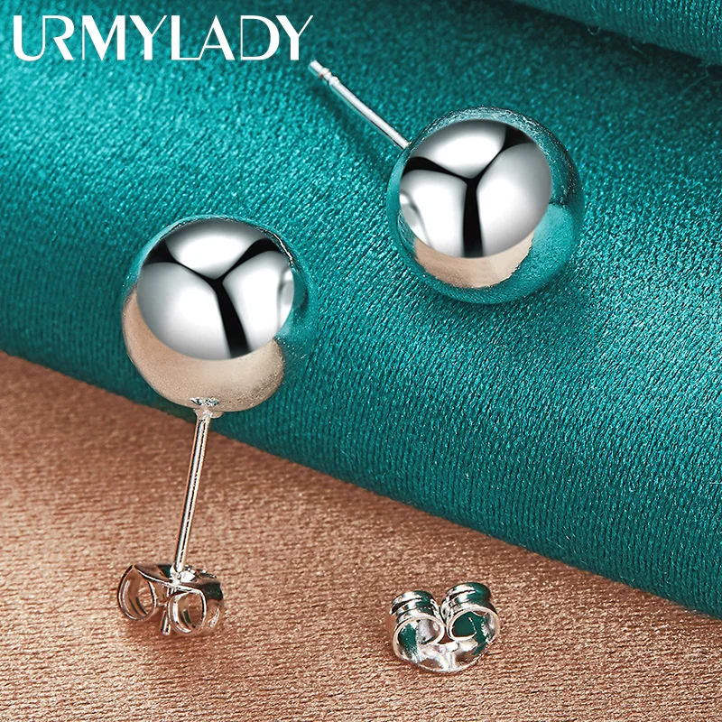 URMYLADY 925 Sterling Silver 8MM Bead Stud Earrings For Women Fashion Wedding Engagement Charm Jewelry